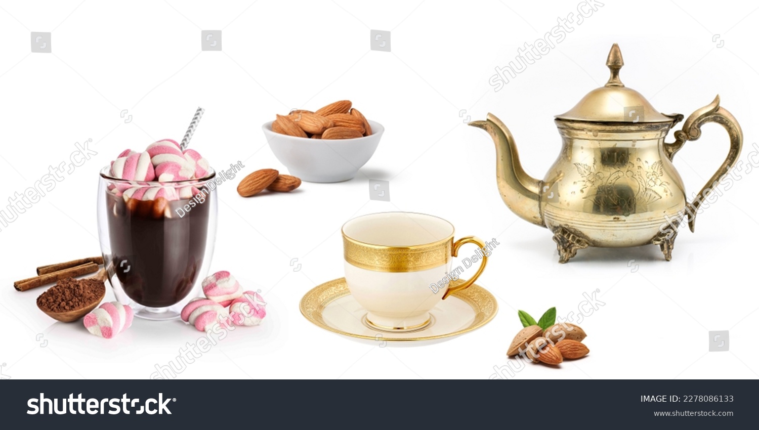 Colorful digital wall tiles design for kitchen, design set of elegant and traditional teapot colorful white gold coffee Tea cup on cup's plate beside the hot tea pot. #2278086133