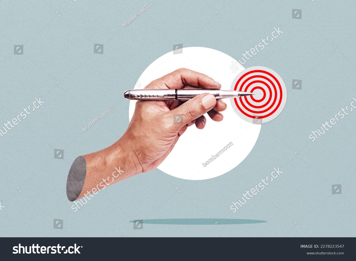 Businessman holding a pen at the target - business targeting, aiming, focus concept. Art collage. #2278223547