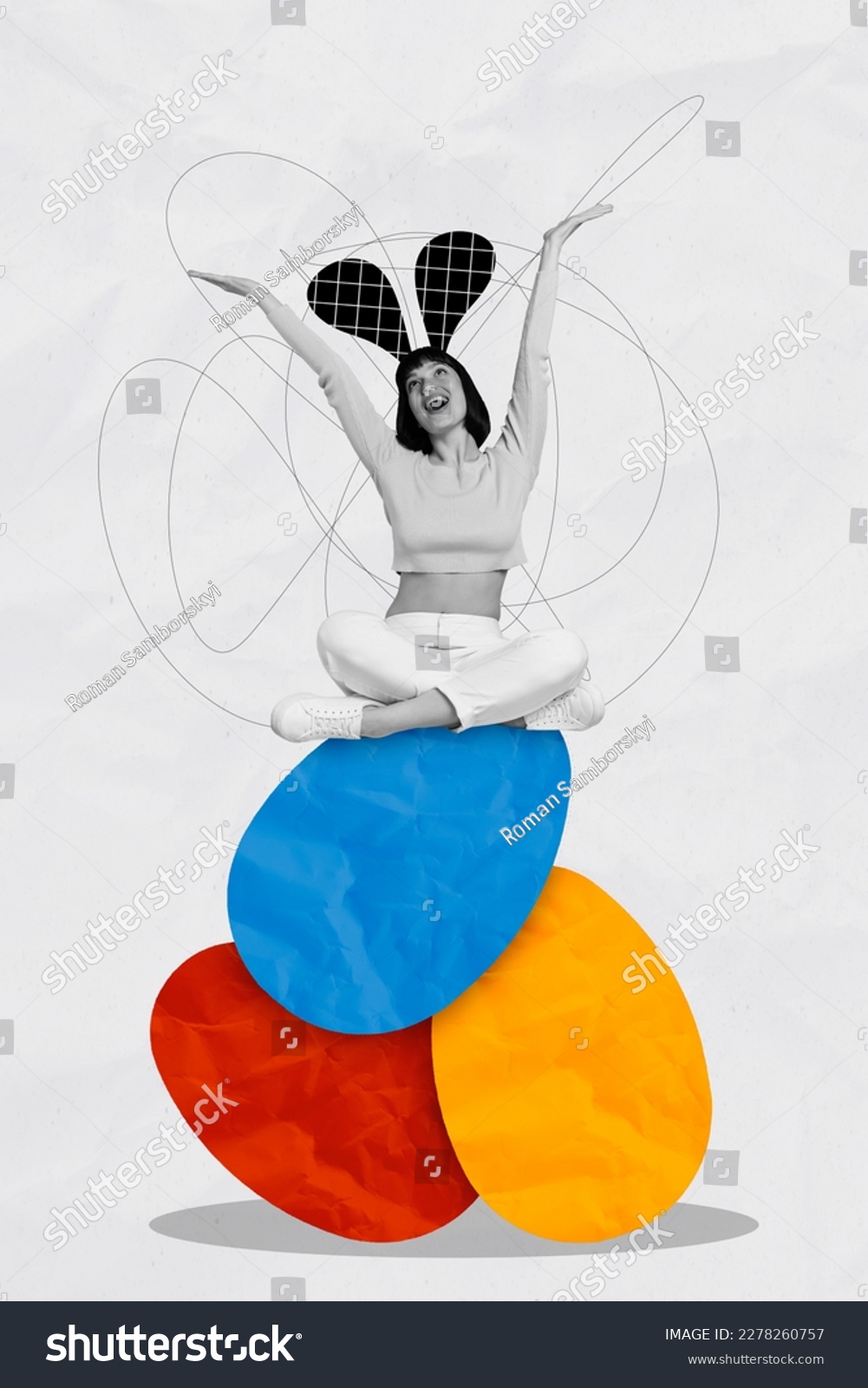 Vertical artwork collage of funny excited girl sit on handmade Easter painted eggs happy Easter celebration holiday blessing god #2278260757