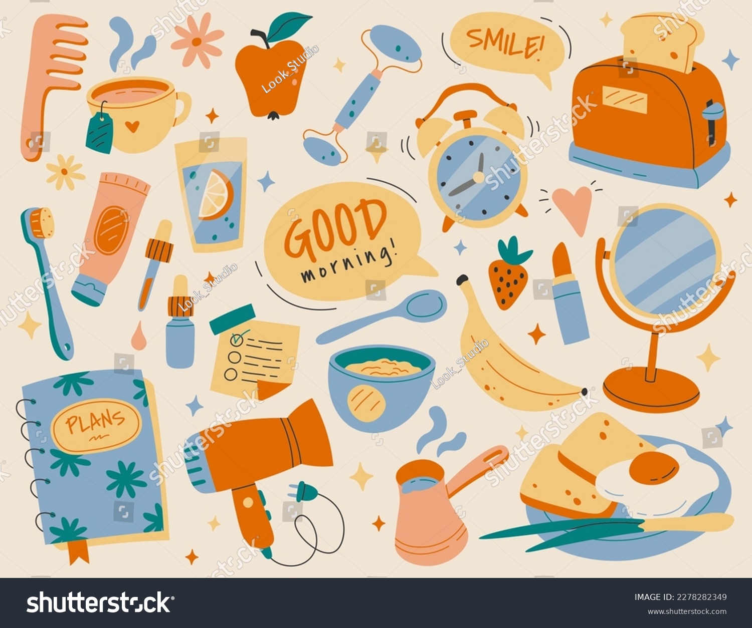 Morning routine elements flat icons set. Tasty and healthy food. Breakfast, wake up with alarm, beauty procedures. Color isolated illustration #2278282349