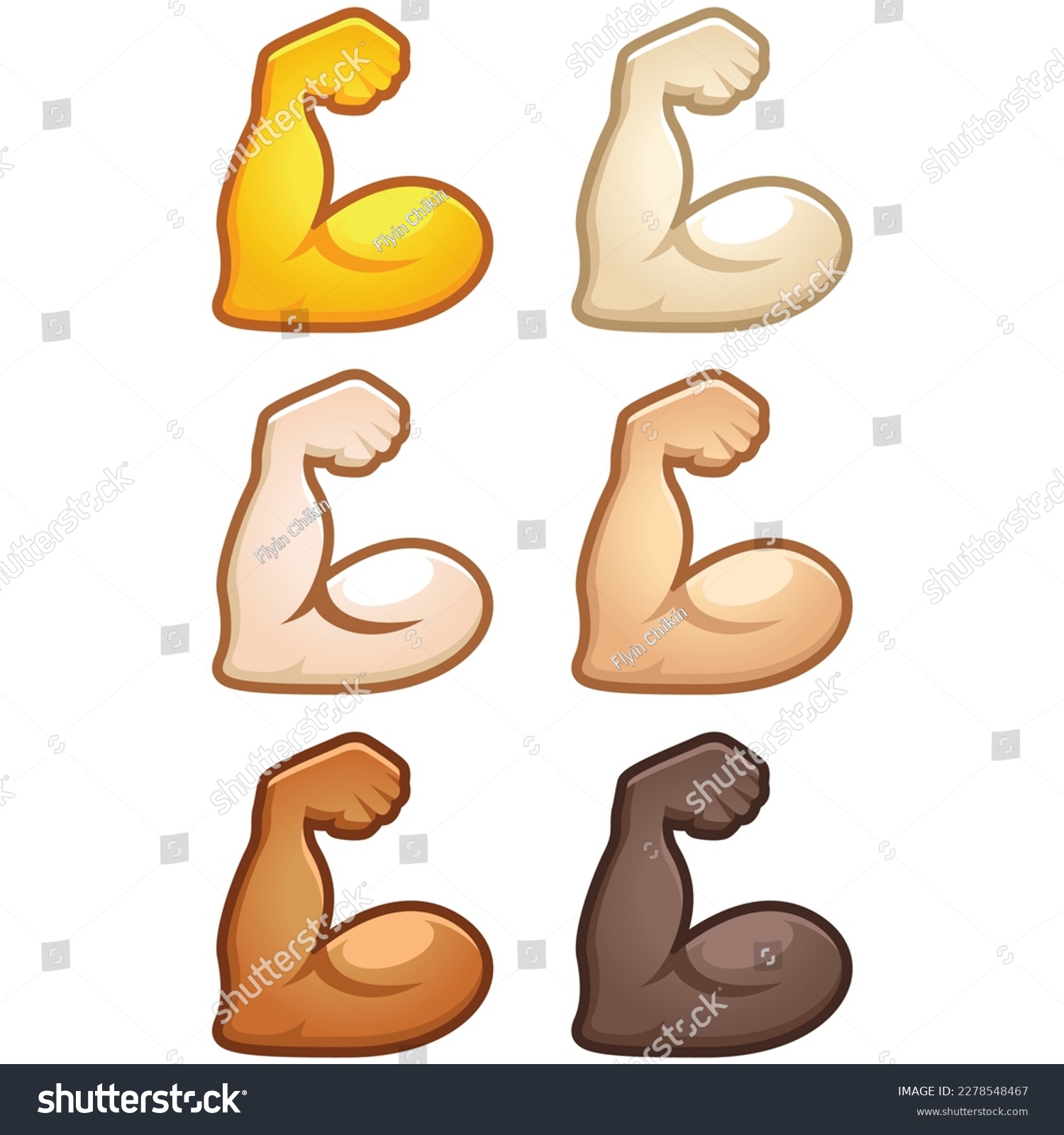 Different mood emoji. Emotional flex bicep muscle emoji hand set of various skin tonescute cartoon stylized vector cartoon illustration icons. Isolated on white background. #2278548467