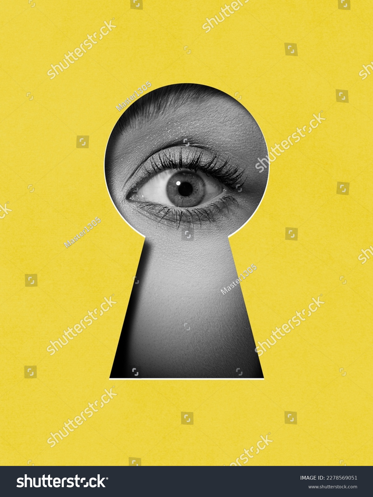 Hidden secrets. Female eye attentively looking into keyhole against yellow background. Contemporary art collage. Conceptual design. Concept of creativity, abstract art, imagination and inspiration. #2278569051