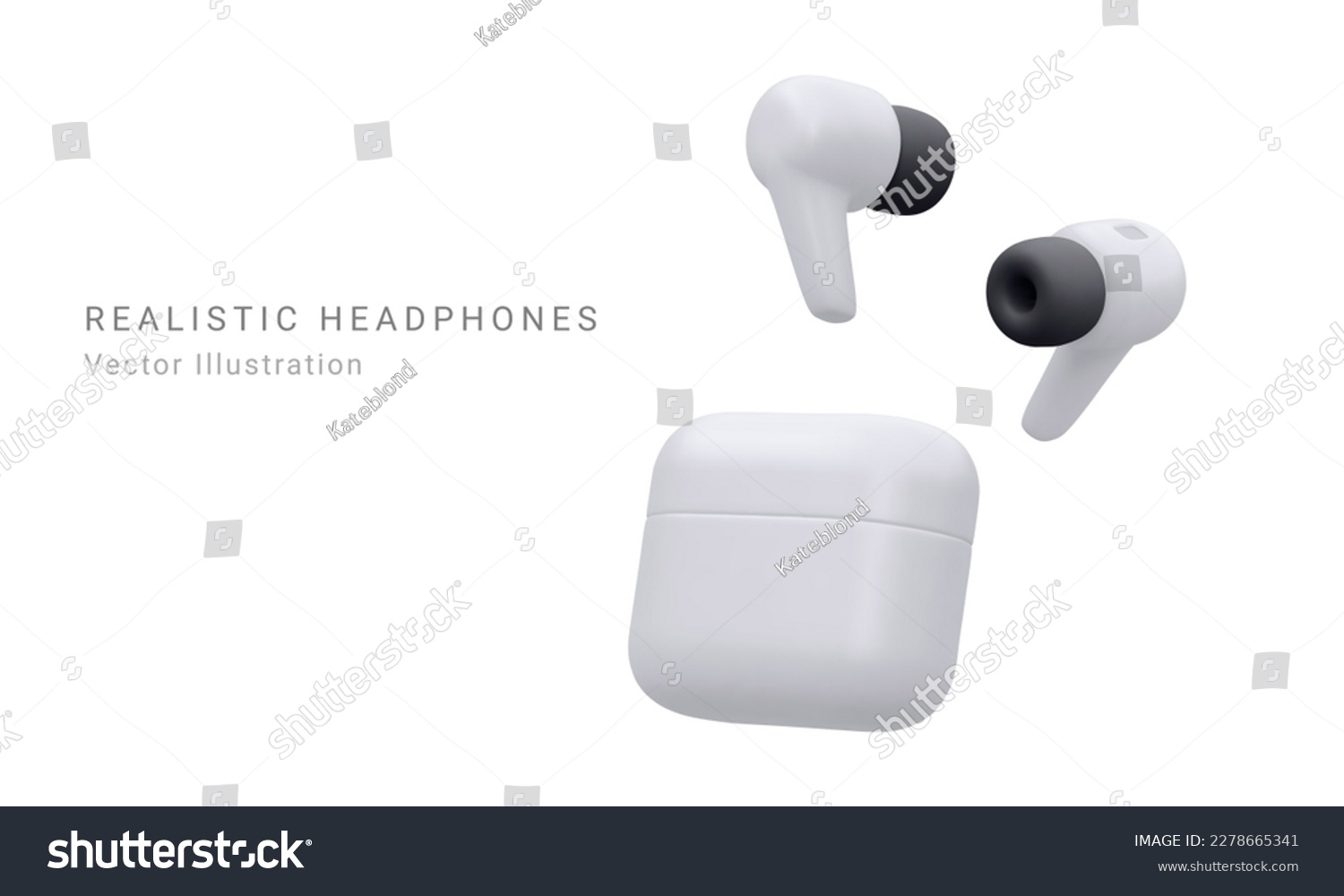 Realistic Detailed white 3d Wireless Headphones Technology Device. Vector illustration of Bluetooth Earbuds in Charging Case. Vector 3D render #2278665341