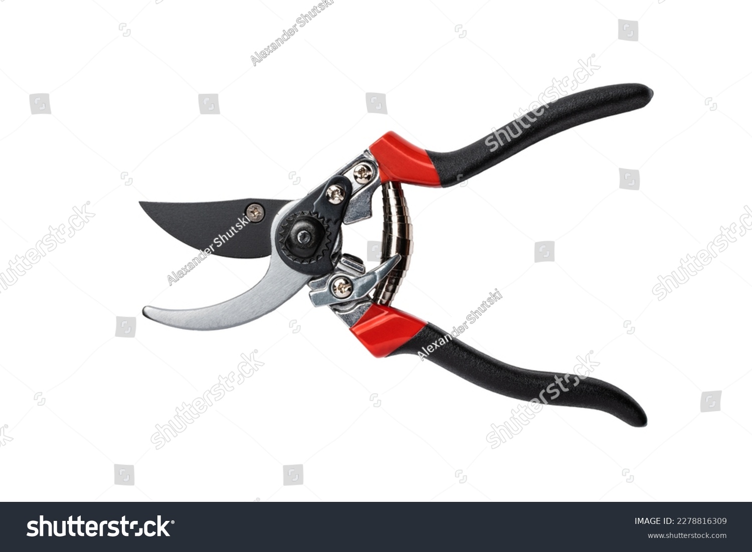 Secateurs. The hand tool is designed to remove shoots and small branches when forming the crown of small trees and shrubs. Isolated on white background. Open state. Top view. #2278816309