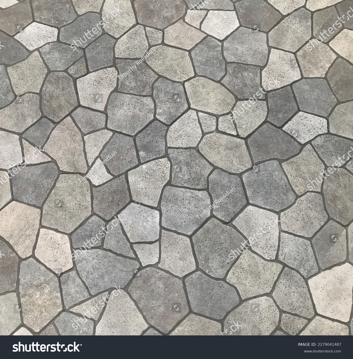 Seamless flagstone outdoor paving textures, cobblestone cut flat in random pieces, grey, light grey, beige, and charcoal color. Monochrome. Pavement surface texture. Landscape paving stone background #2279041487
