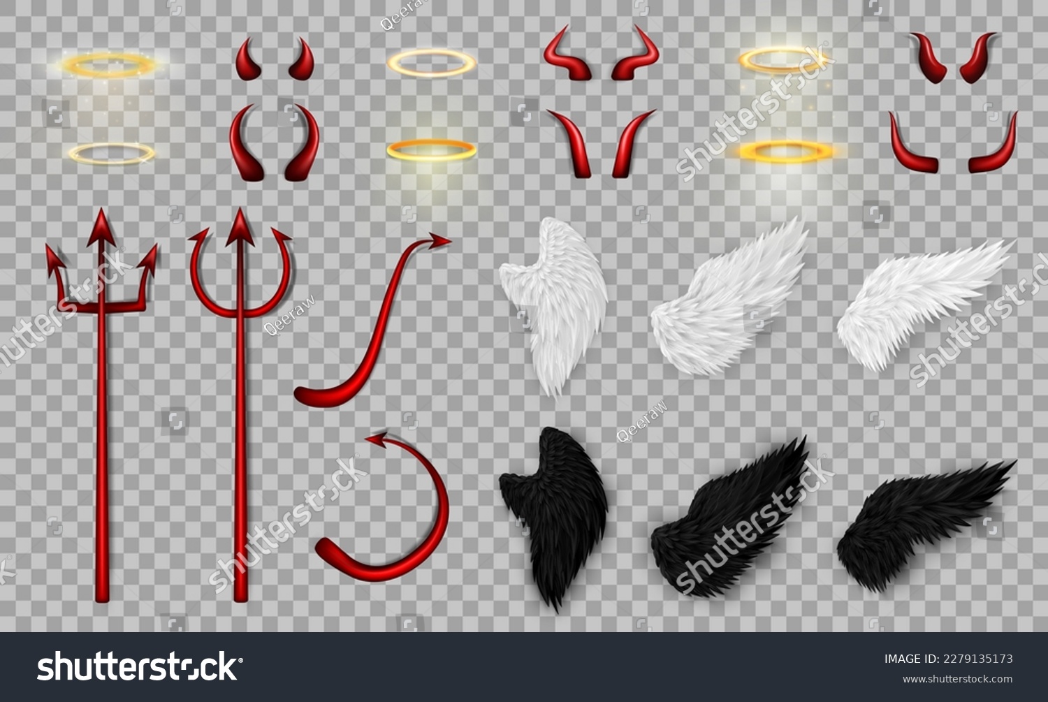 Big collection of 3d realistic angel and devil costume elements - red bloody trident, glossy horns and tails different shape, golden nimbus (halo) and various angelic white and devil black wings #2279135173