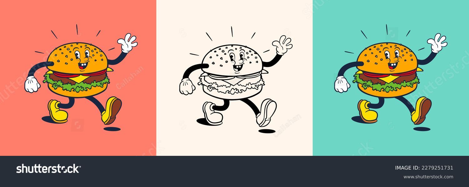 Burger mascot in retro rubber hose cartoon style. #2279251731