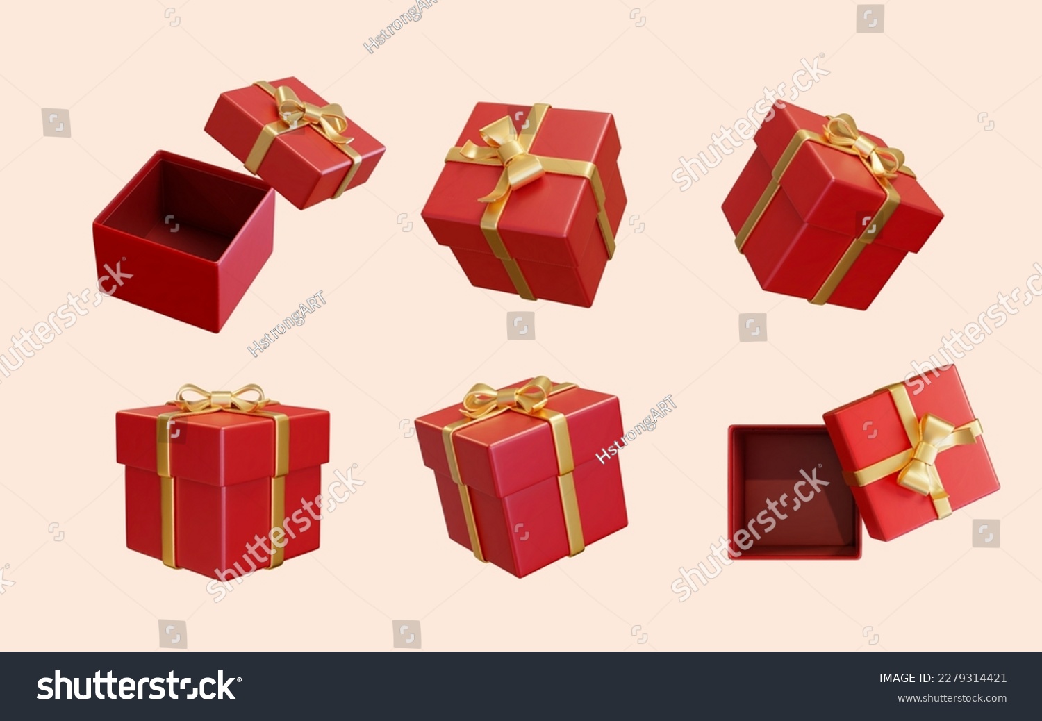 3D Illustration of red giftboxes wrapped with gold ribbon open and close mockups in different angle isolated on light pink background. Suitable for birthday party and festive celebration. #2279314421