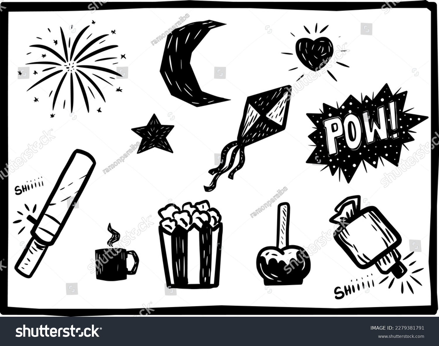 Festival elements. firecrackers, popcorn, party balloon. separate vectors in woodcut and cordel literature style. #2279381791
