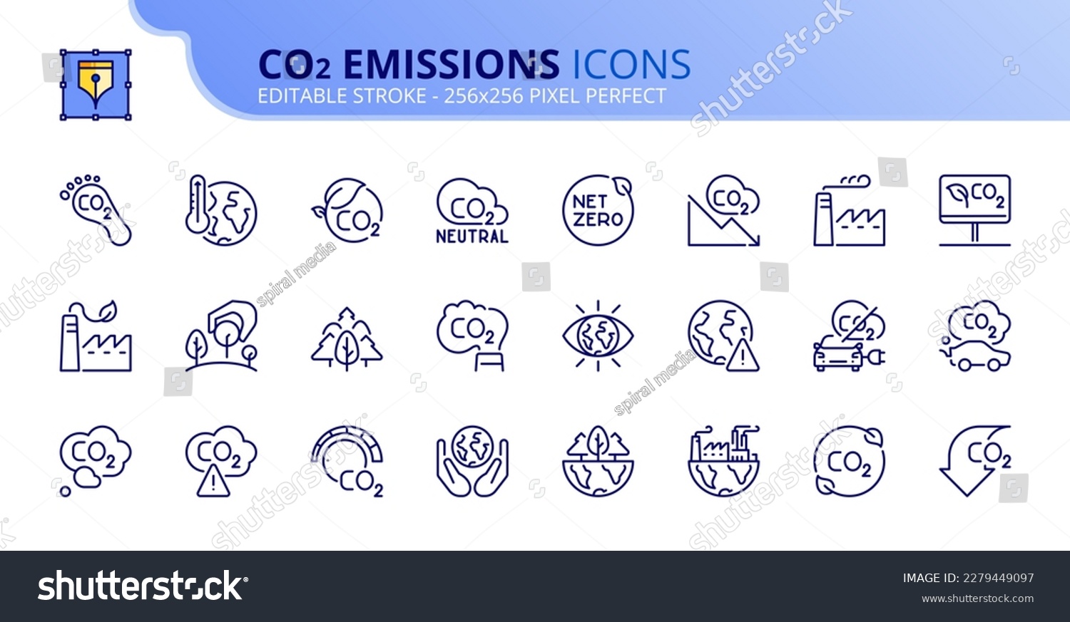Line icons about co2 emissions. Contains such icons as tree planting, net zero, and reduced carbon dioxide. Editable stroke Vector 256x256 pixel perfect #2279449097