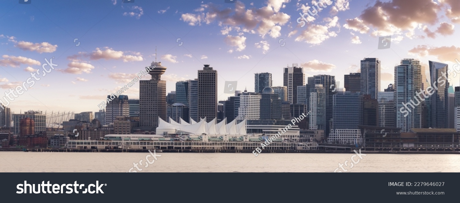 Canada Place, City Skyline, Urban Downtown Cityscape. Vancouver, British Columbia, Canada. Winter Sunset Sky Art Render. #2279646027