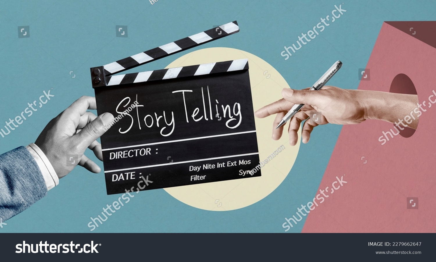 Story telling text title on film slate or movie Clapper board  for filmmaker and film industry.Abstract art collage.	 #2279662647