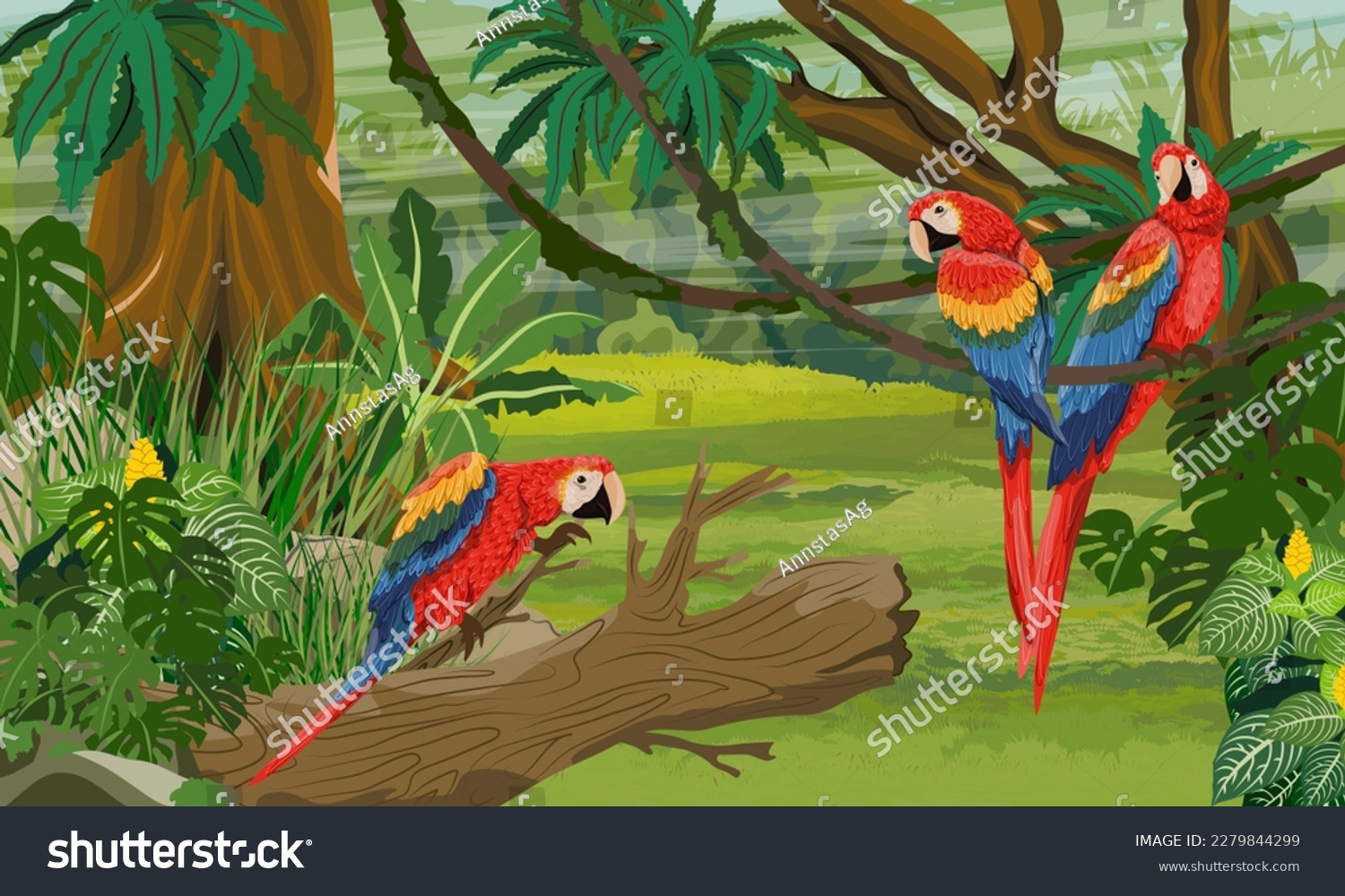 Three scarlet macaw parrots sit on the branches of a tropical plant in the jungle. South America and Africa. Realistic vector landscape #2279844299