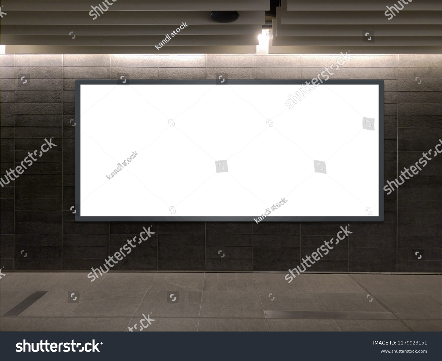 Horizontal blank advertising banners posters mockup in underground tunnel walkway; out-of-home OOH media display space, lightbox; 12 sheet template. #2279923151