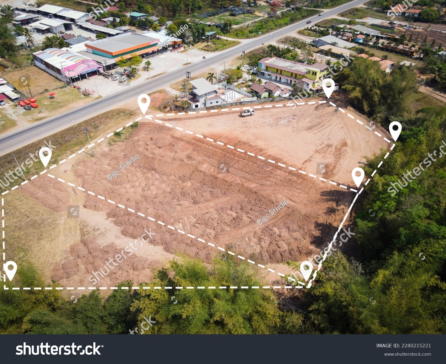 vacant land management land reclamation for land plot for building house aerial view, land pins location for housing subdivision residential development owned sale rent buy or investment home expand #2280215221
