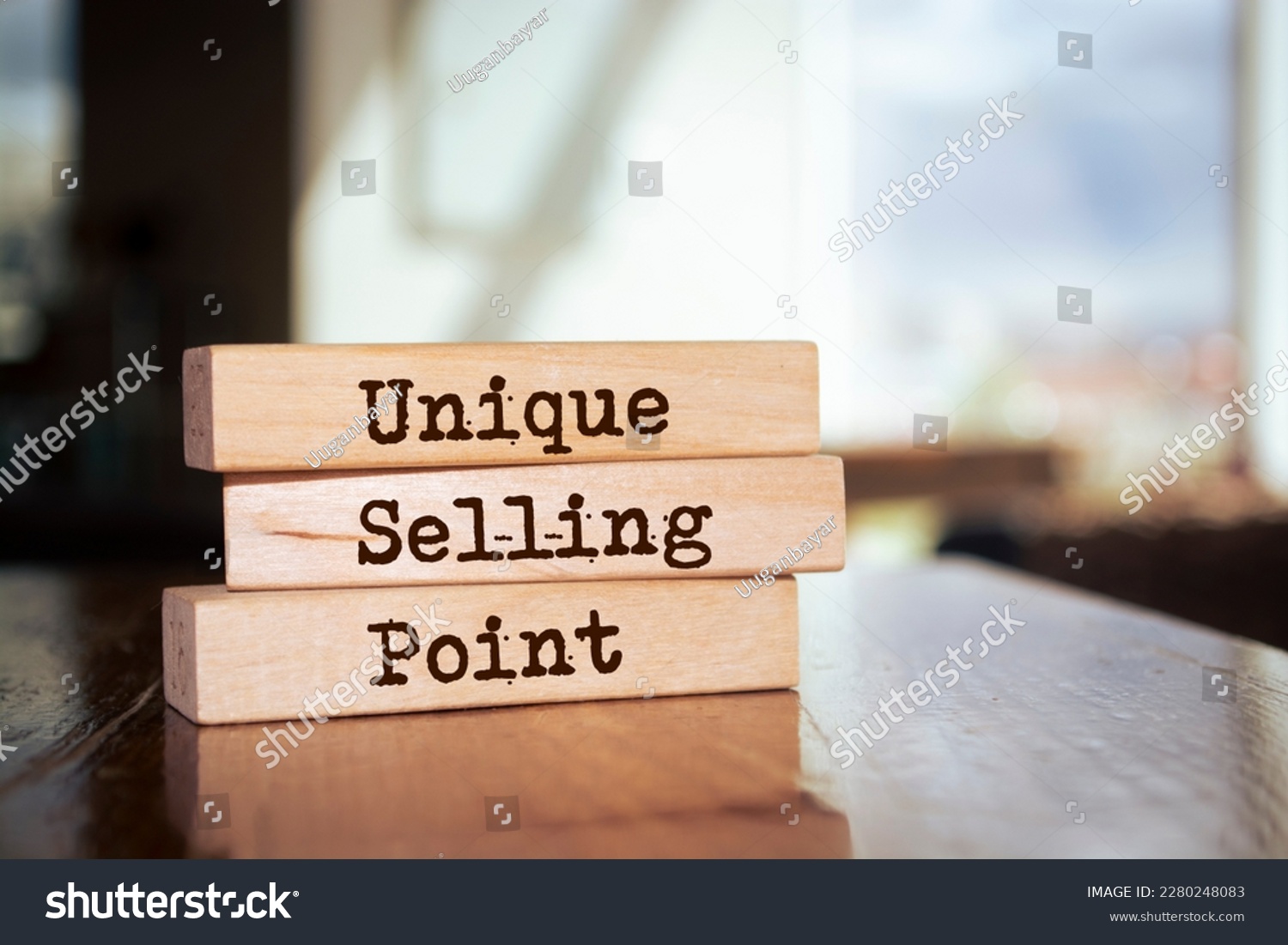Wooden blocks with words 'Unique Selling Point'. USP #2280248083