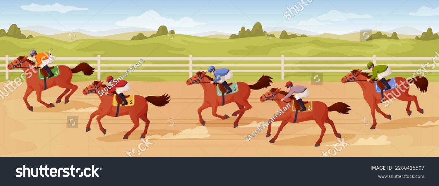 Hippodrome competitions. Cartoon horse racing panorama, equestrian competition derby racetrack fence arena, melbourne cup racehorse betting, ingenious vector illustration of competition hippodrome #2280415507