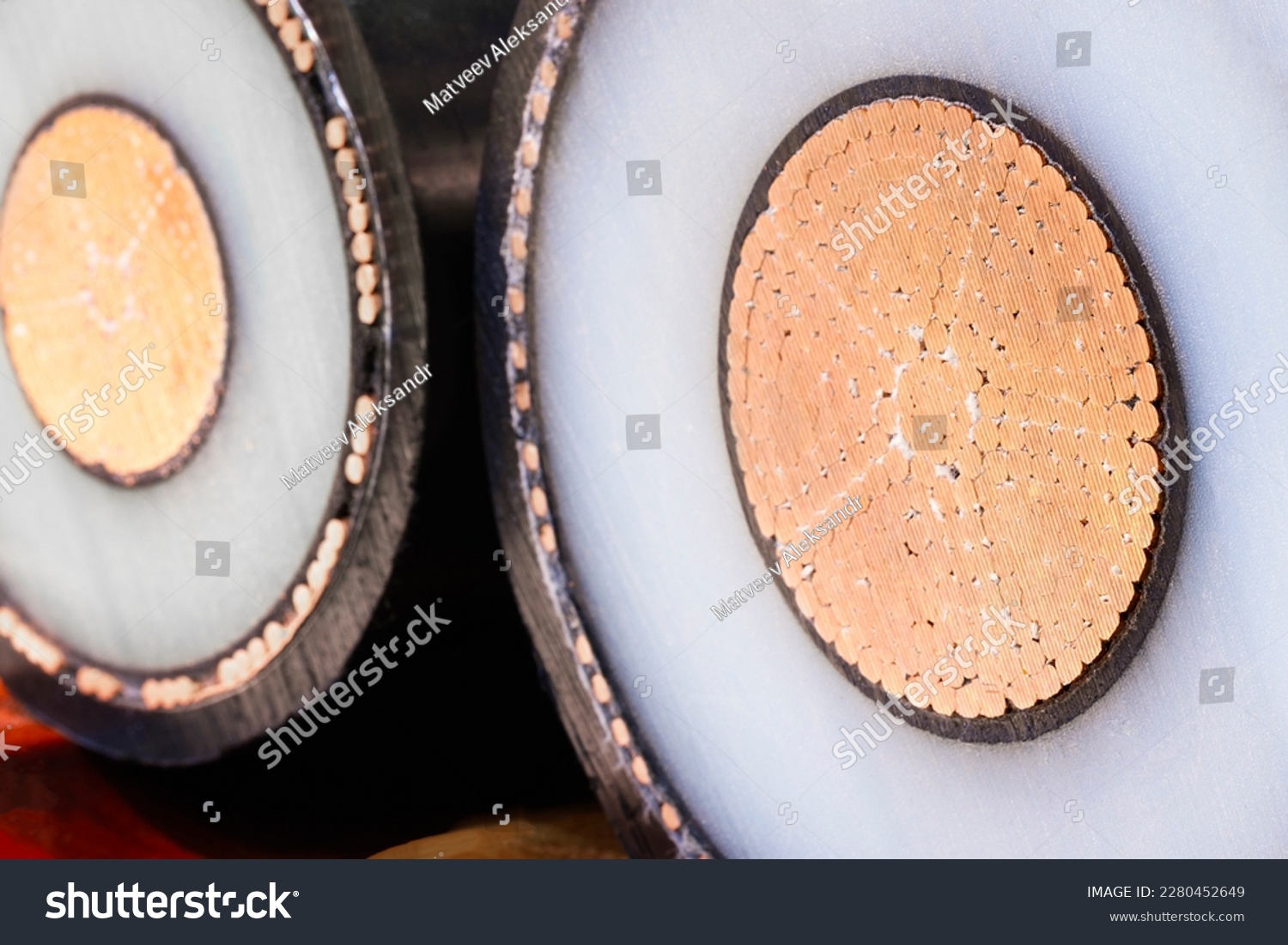 Close-up of high voltage copper cable cross-section, Industrial concept background #2280452649