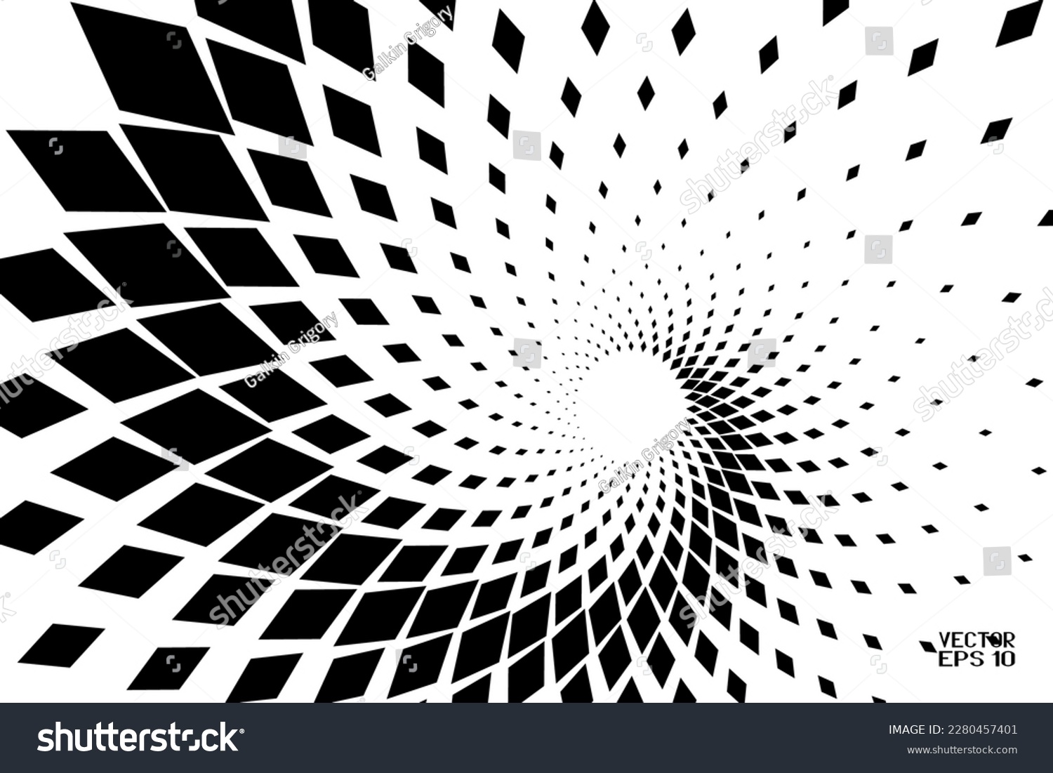 Abstract Black and White Geometric Pattern with Squares. Spiral-like Spotted Tunnel. Contrasty Halftone Optical Psychedelic Illusion. Vector. 3D Illustration #2280457401