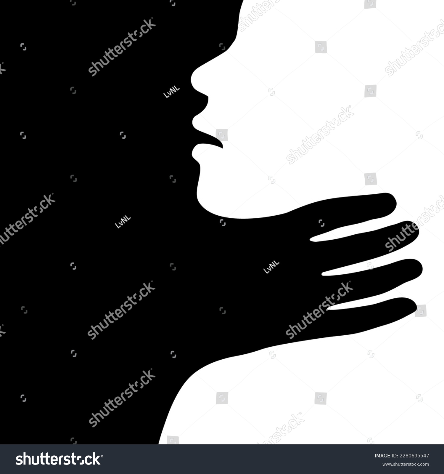 Hand strangling and choking the neck of a victim as abuse, domestic violence, harassment, physical attack or assault concept. Silhouette of a person being strangled, chocked, suffocated. #2280695547
