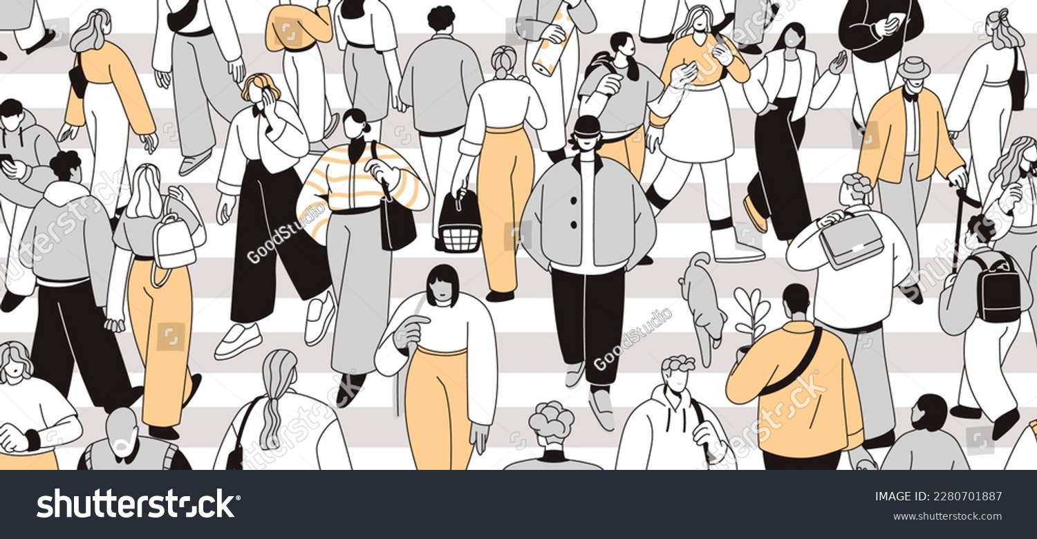 People crowd crossing street, city road. Many pedestrians going, hurrying on crosswalk, zebra panorama. Busy traffic, rush hour in overcrowded metropolis, urban center. Flat vector illustration #2280701887