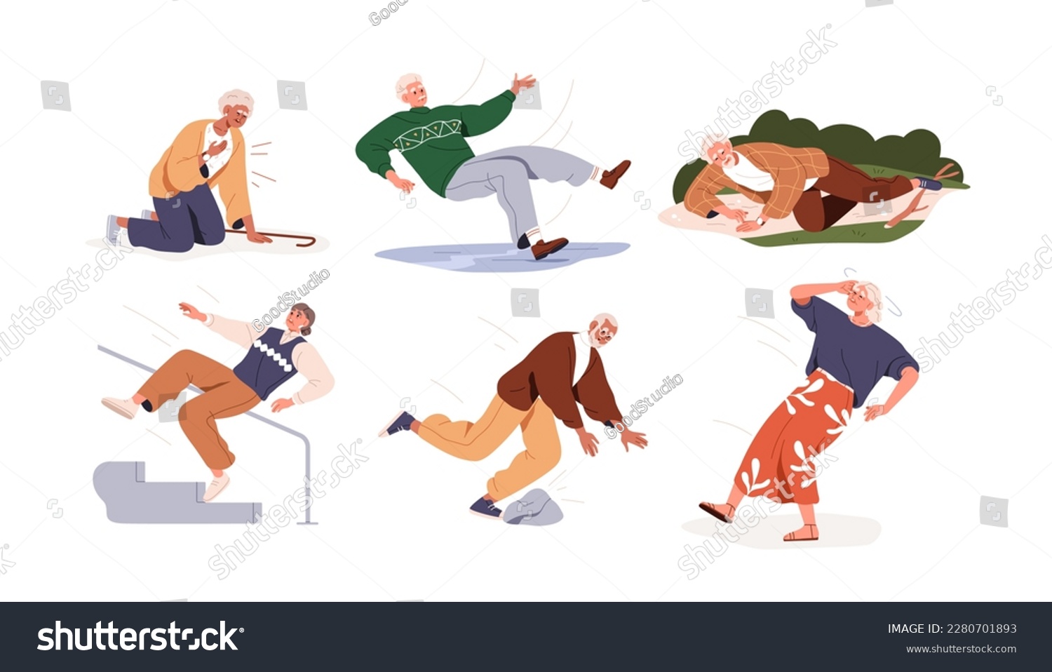 Old people fall down set. Senior men, women falling, slipping, sliding, stumbling by accident. Clumsy elderly characters falldown. Flat graphic vector illustration isolated on white background #2280701893
