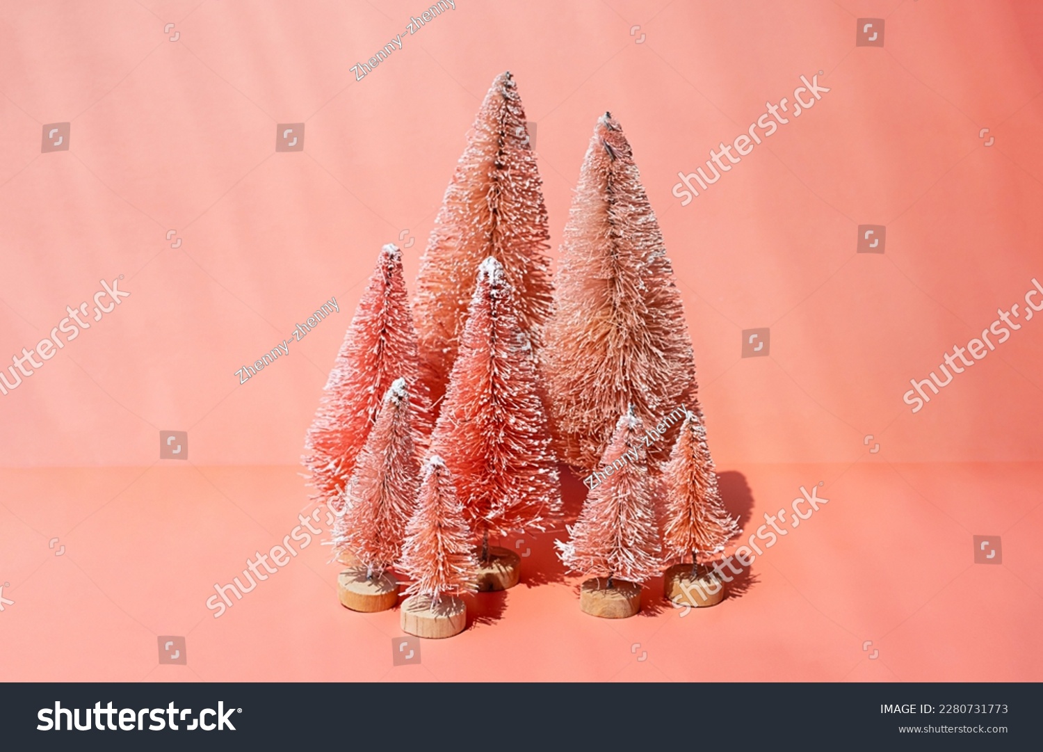 Bottle brush trees composition for winter holidays. Miniature artificial Christmas trees collection. #2280731773