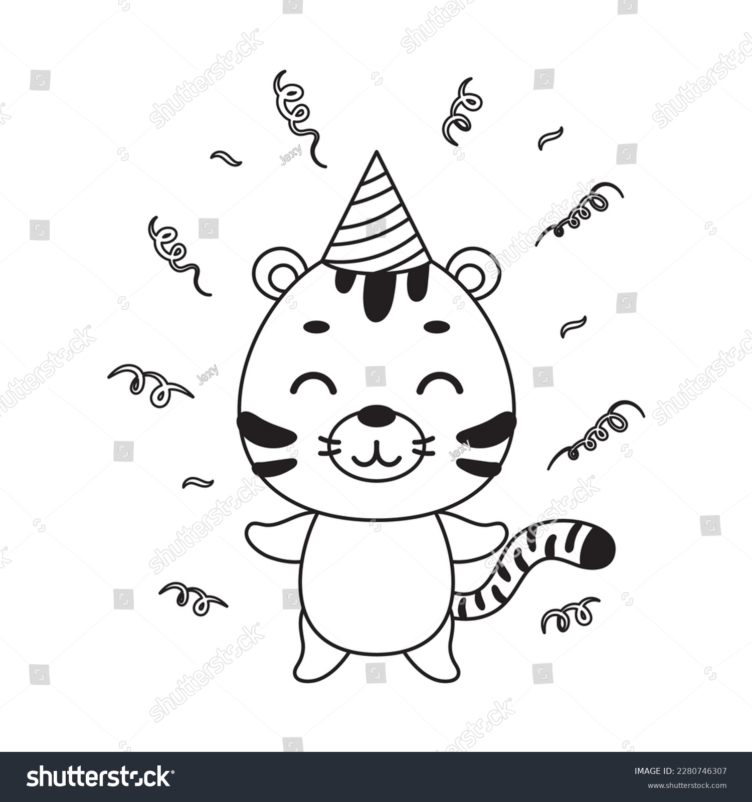 Coloring page cute little tiger in birthday hat. - Royalty Free Stock