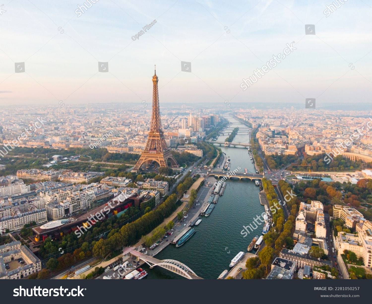 Establishing Aerial view of Paris Cityscape with Eiffel Tower and Seine river on sunrise, France. Landmark Monument as Famous Touristic Destination. Romantic Travel and Urban Skyline Panorama #2281050257
