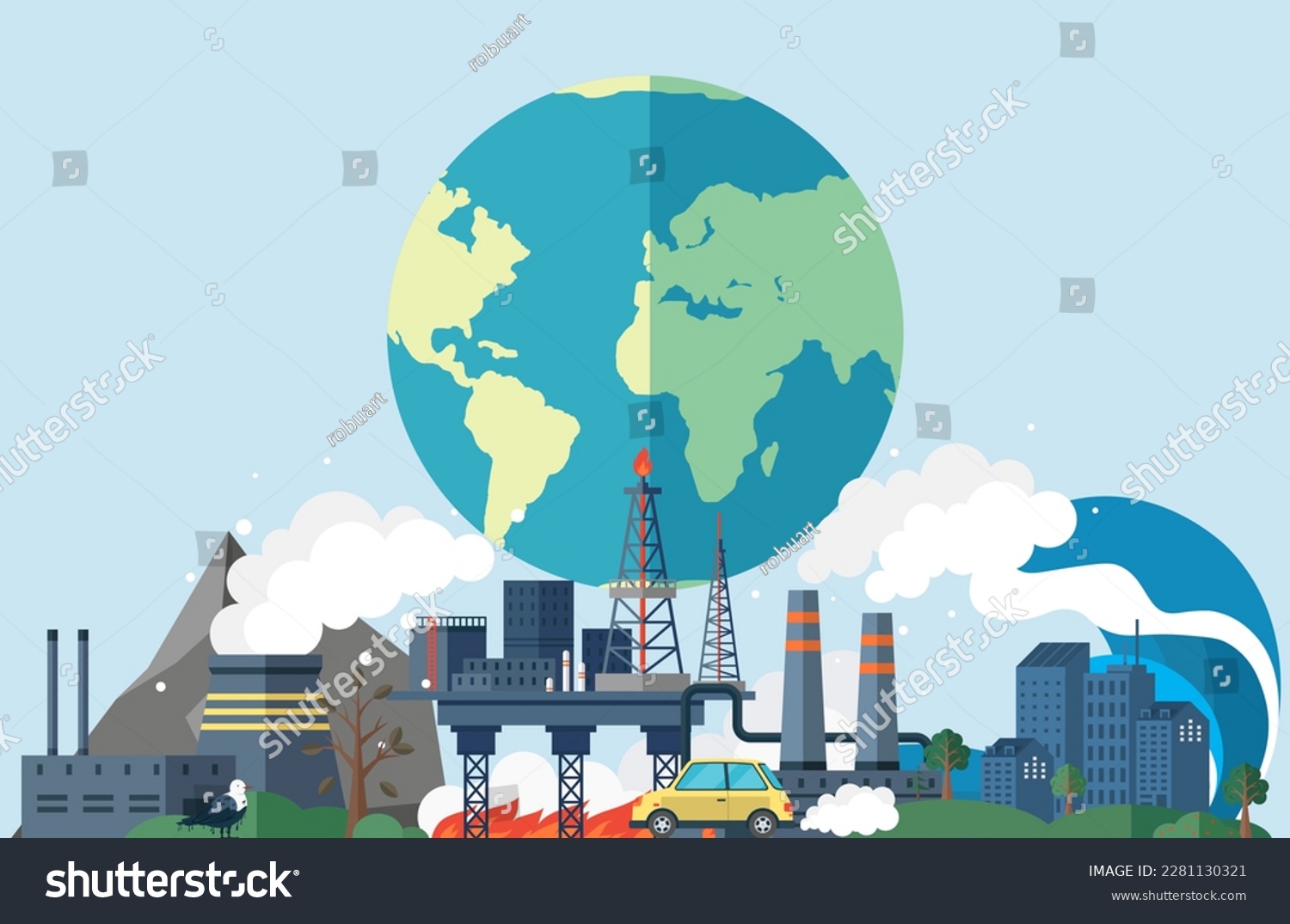 Climate change weather global greenhouse warming risks. Waste disposal, air and water pollution. Global warming, greenhouse gas emissions, deforestation. CO2 carbon dioxide emissions climate pollution #2281130321