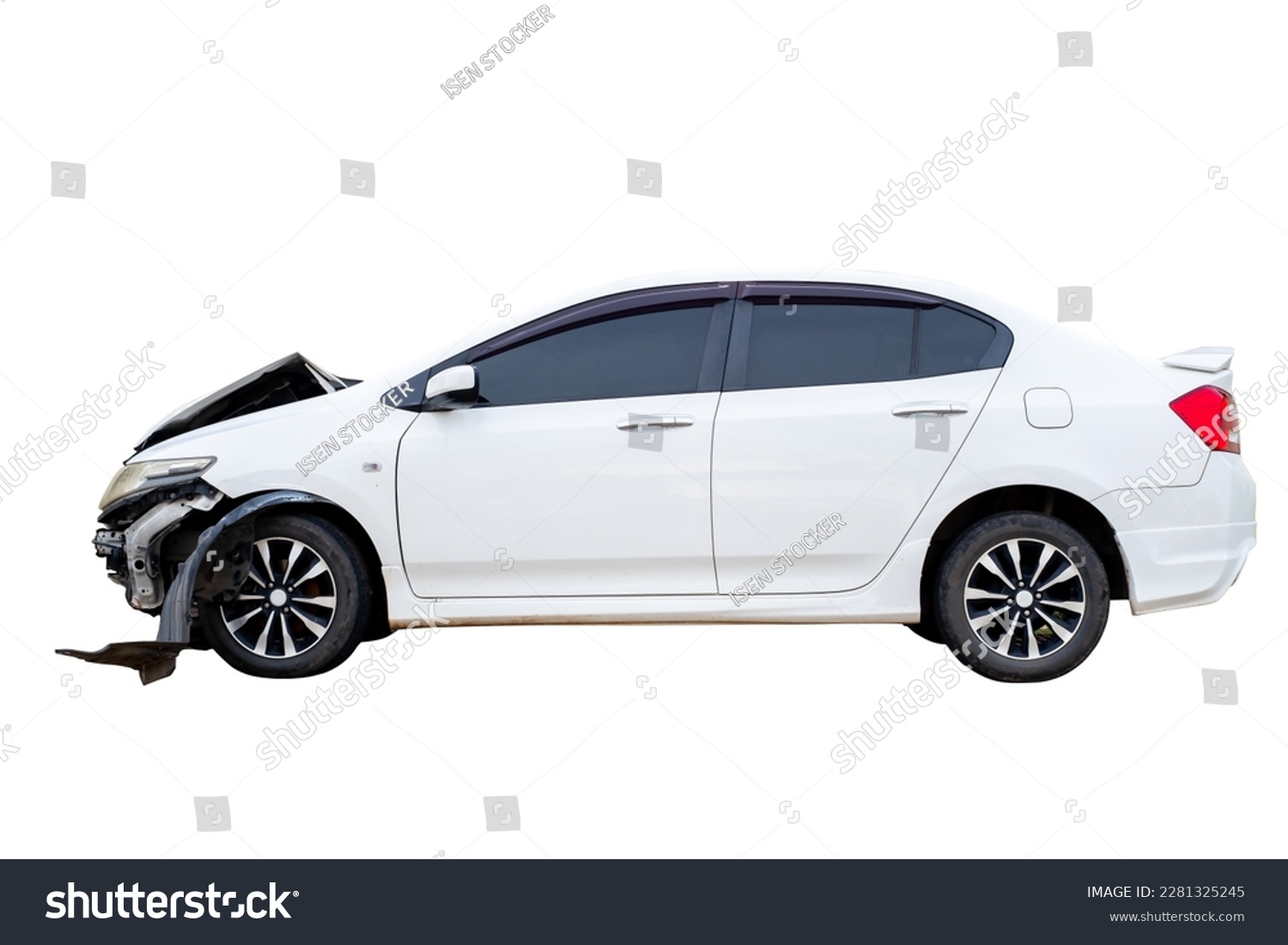 Side of white car get damaged by accident on the road. Broken cars after collision. auto accident, isolated on white background with clipping path #2281325245