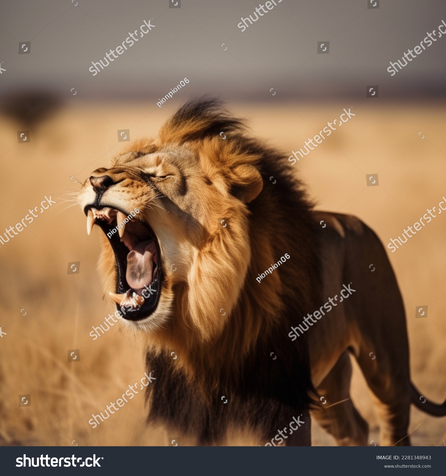 Photo of a lion roaring in the savannah. #2281348943