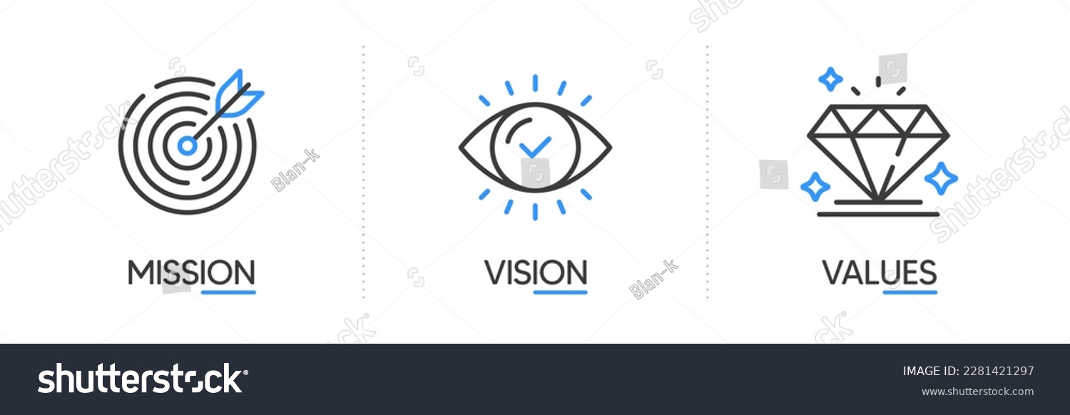 Mission, vision and values of business company. Target with arrow, business view and diamond icons. Success template. Mission purpose, leader vision and brilliant value. Infographic concept. Vector #2281421297