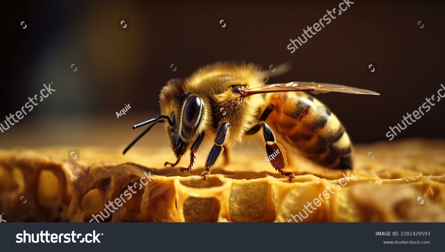 Bee on a honeycomb in a hive. Detailed macro image of a bee collecting honey in a beehive #2281429593