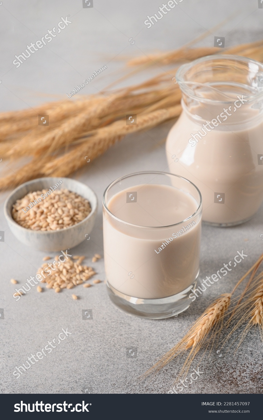 Barley milk on gray background. Alternative vegan plant based milk replacer and lactose free. Vertical format. Close up. #2281457097