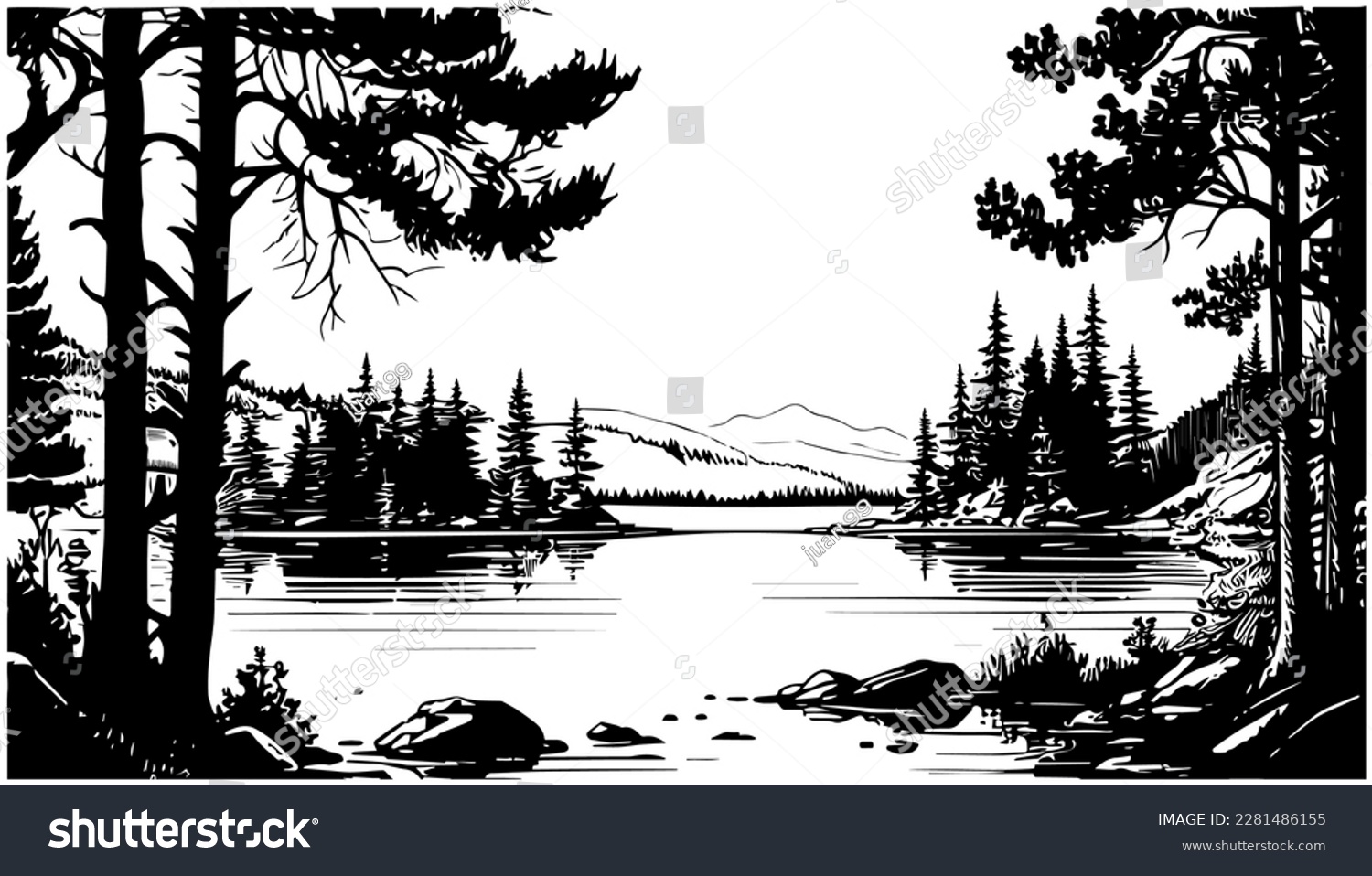 Lake vector black line illustration isolated white. Sketch art #2281486155