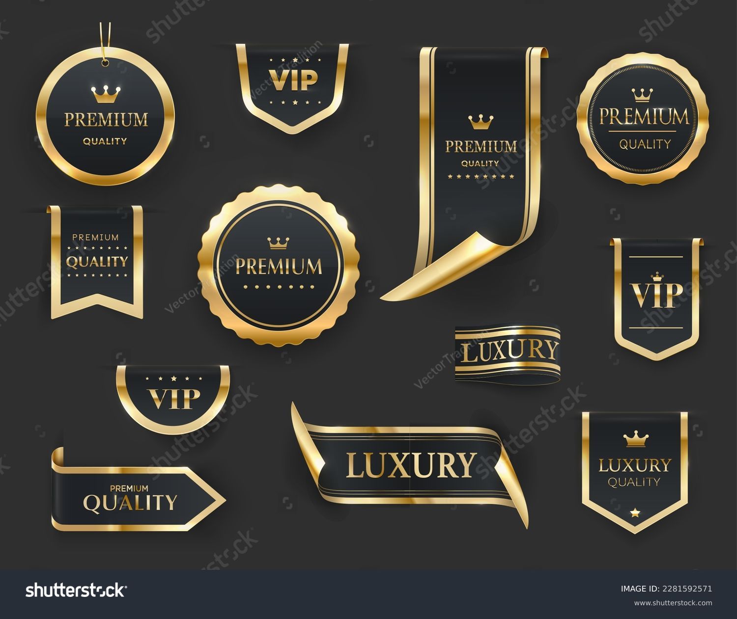 Golden luxury labels and banners, gold premium quality certificate ribbons, vector badges. Luxury VIP and premium quality sticker tags and banners for best product seals and banners with golden crown #2281592571