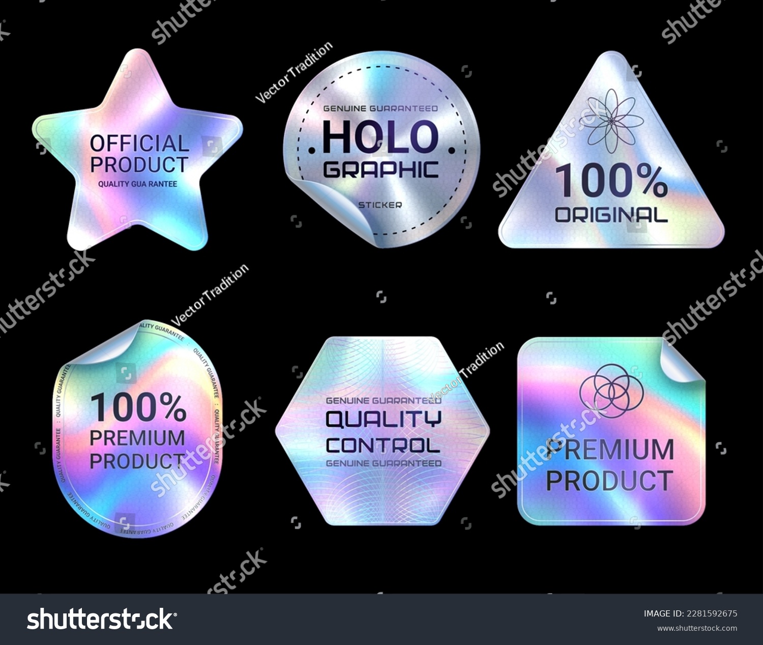 Quality hologram stickers. Official certified, original and premium product iridescent vector labels. Star, circle, triangle and pentagon shape holographic stickers, quality guarantee symbol or tag #2281592675