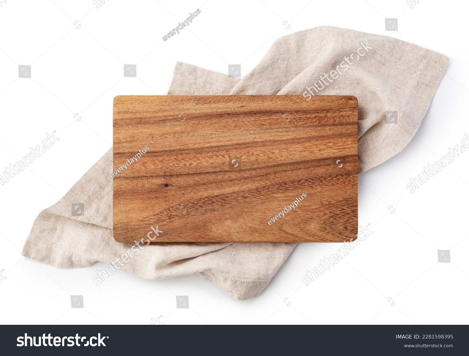 Wooden cutting board on linen napkin isolated on white background, top view #2281598395