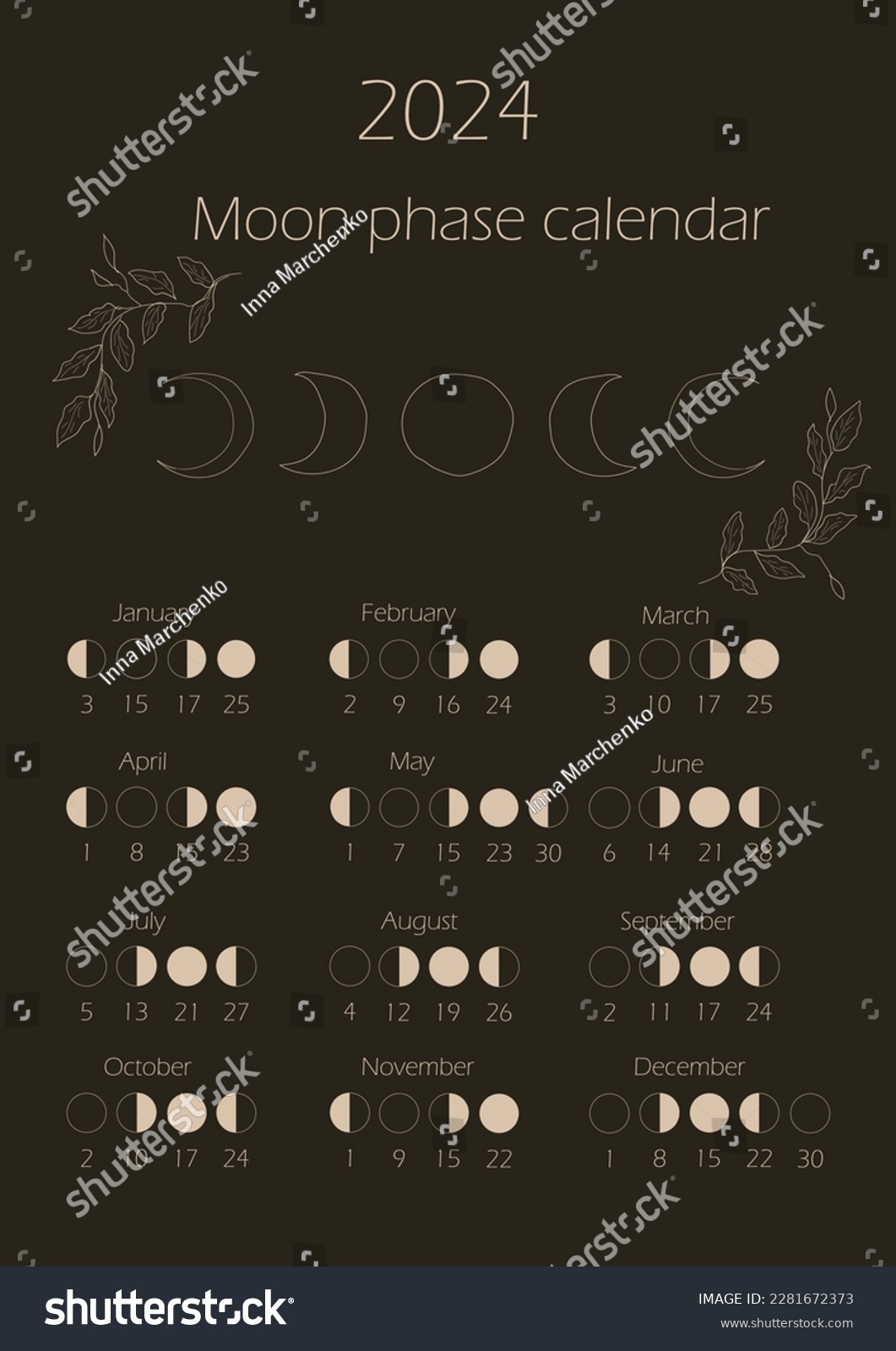Moon phases calendar 2024. Waning gibbous, Royalty Free Stock Vector