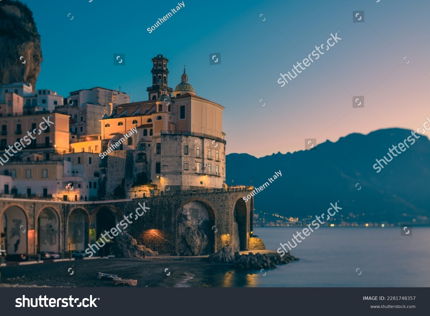 view of amalfi, amalfi coast, amalfi cathedral, sea, tranquility of the amalfi coast and symbols of mediterranean culture, naples, salerno, positano. #2281748357