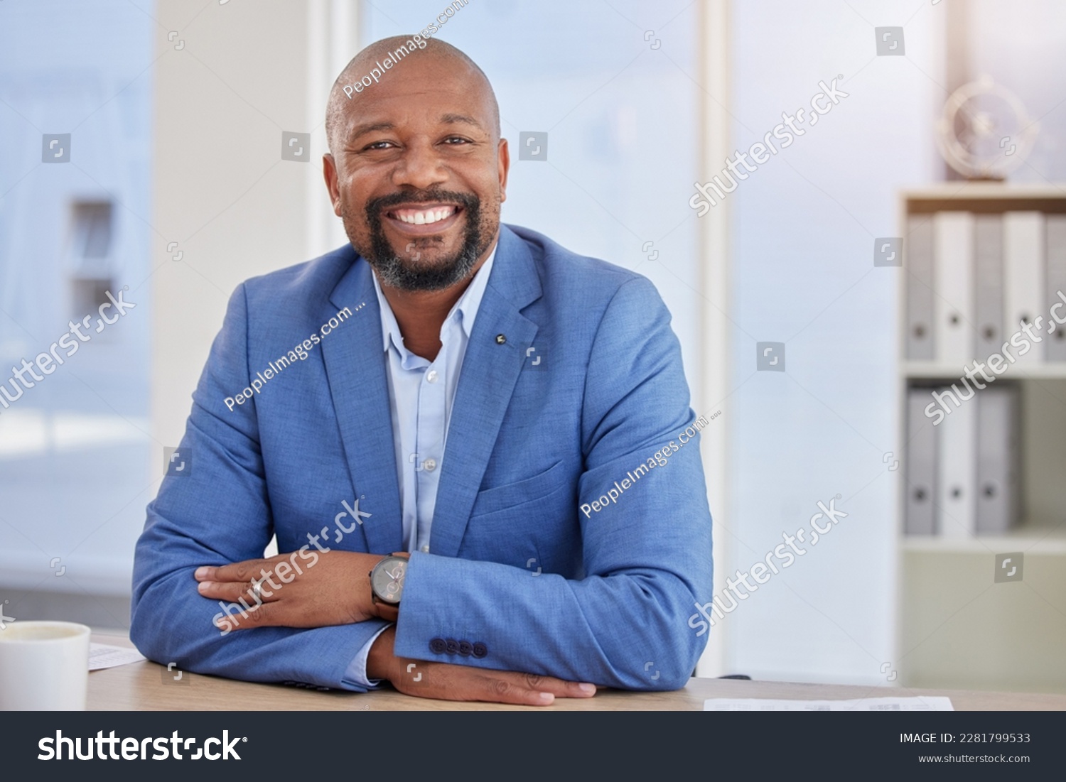 Happy black man, mature or portrait in finance office about us, company profile picture or CEO introduction. Smile, corporate or management person with business investment, savings or financial ideas #2281799533