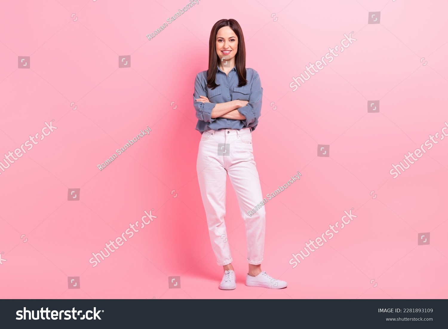 Full body photo of business coach young woman folded hands wear stylish smart casual garment advert new company isolated on pink color background #2281893109