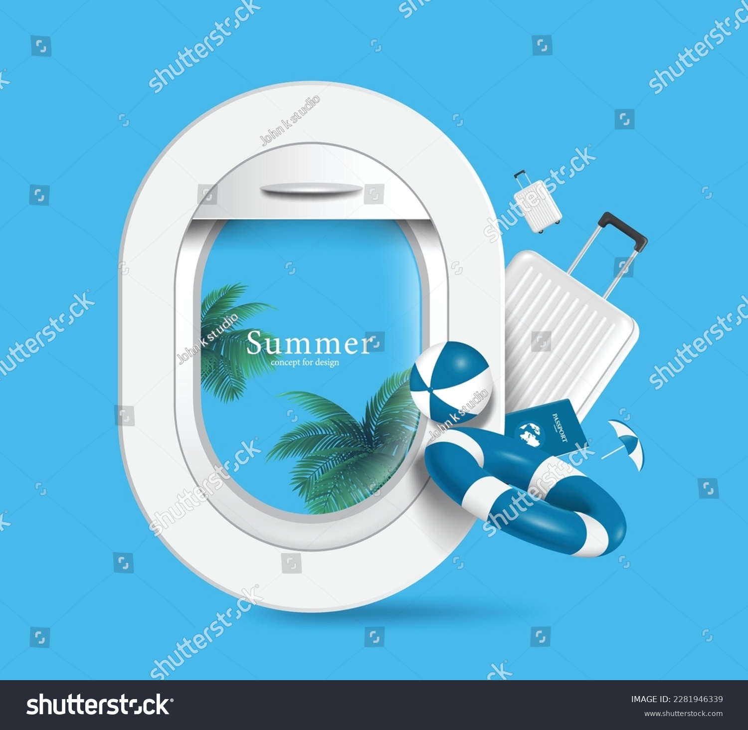 Airplane window and outside views are coconut trees and sea, and there are luggage, passport, lifebuoys, and inflatable ball next to it ,vector 3d isolated on blue background for travel summer concept #2281946339