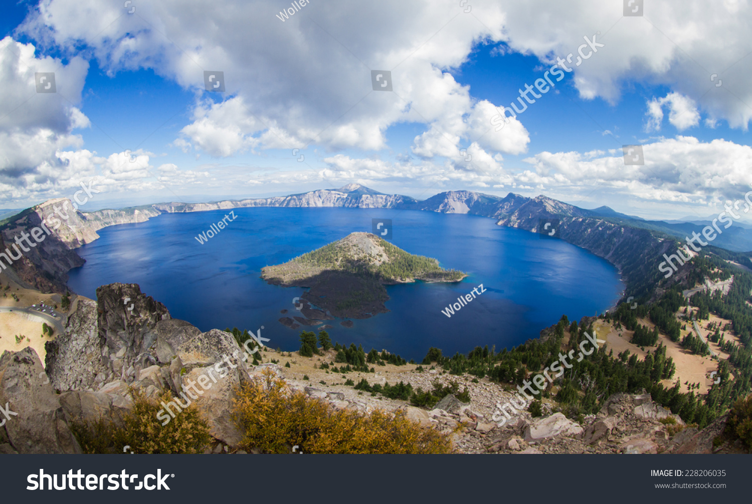 wide angle view of Crater Lake form the top of Watchman's Peak, beautiful landscape in Oregon #228206035