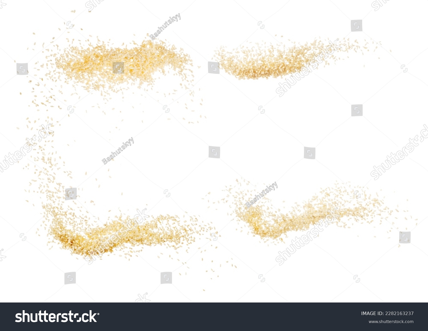 White Sesame seeds flying explosion, White grain wave floating. Abstract cloud fly splash in air. Sesame seed is material food. White background Isolated high speed shutter, freeze stop motion #2282163237