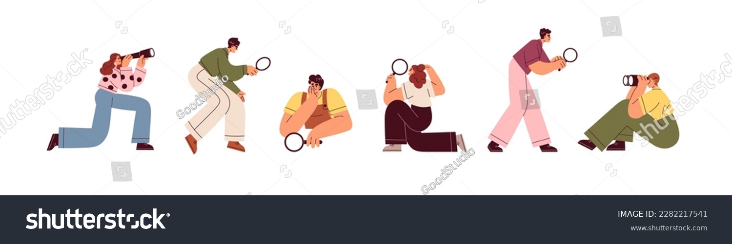 People searching with magnifying glass, binoculars. Curious characters looking through loupe lens. Find information, research concept. Flat graphic vector illustration isolated on white background #2282217541