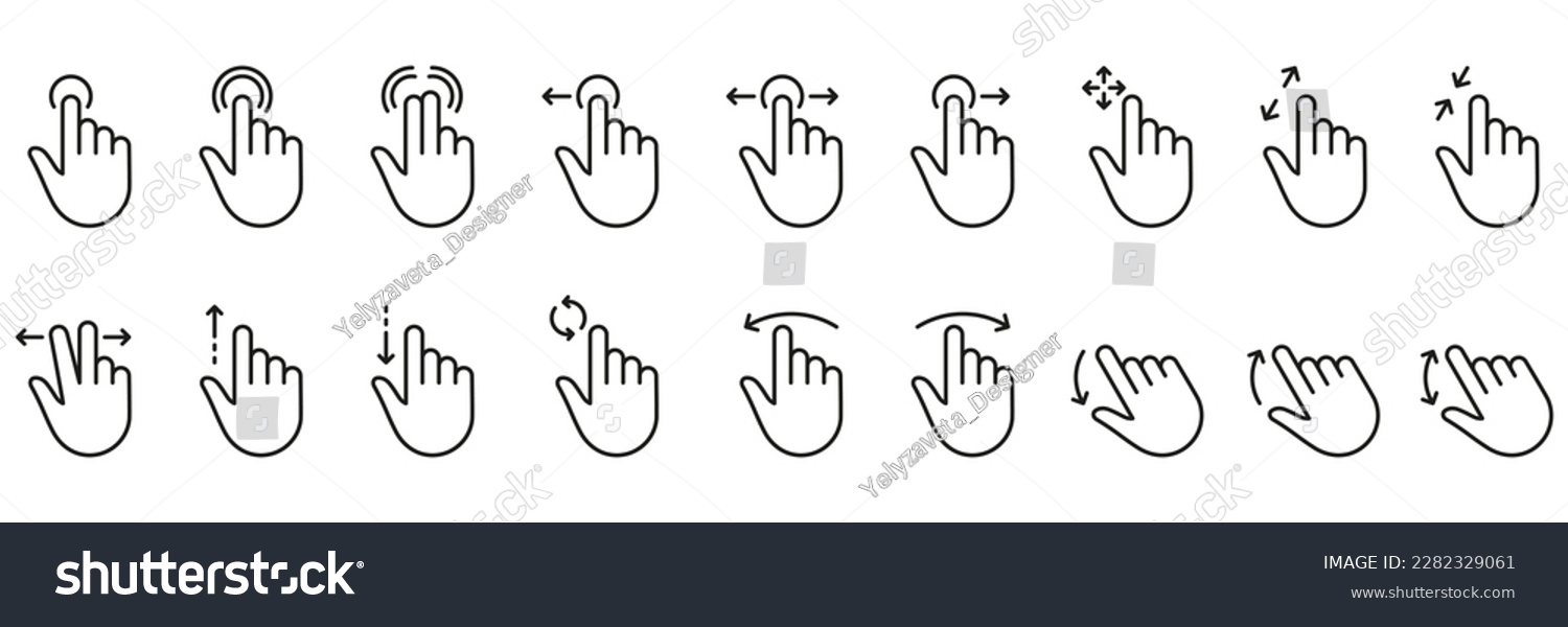 Hand Finger Touch, Swipe and Drag Outline Icon Set. Pinch Screen, Rotate Up Down on Screen Line Sign. Gesture Slide Left and Right Linear Pictogram. Editable Stroke. Isolated Vector Illustration. #2282329061