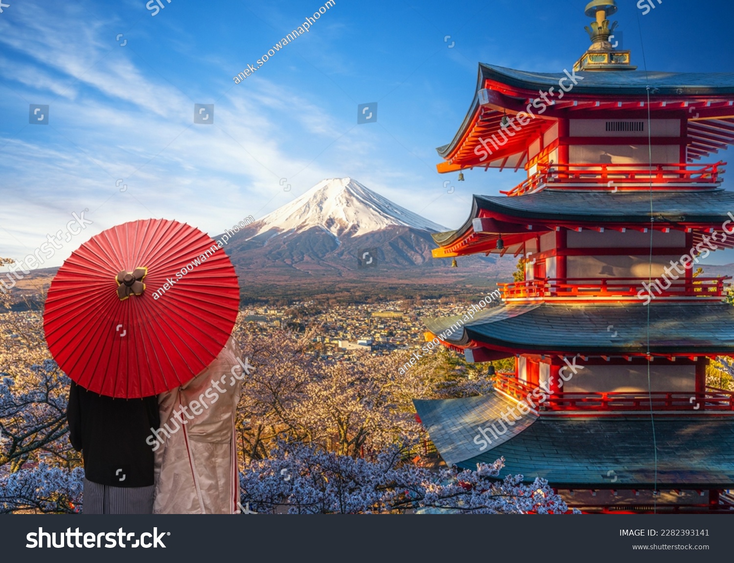 Red chureito pagoda with cherry blossom and Fujiyama mountain on the day and morning sunrise time in Tokyo city, Japan #2282393141