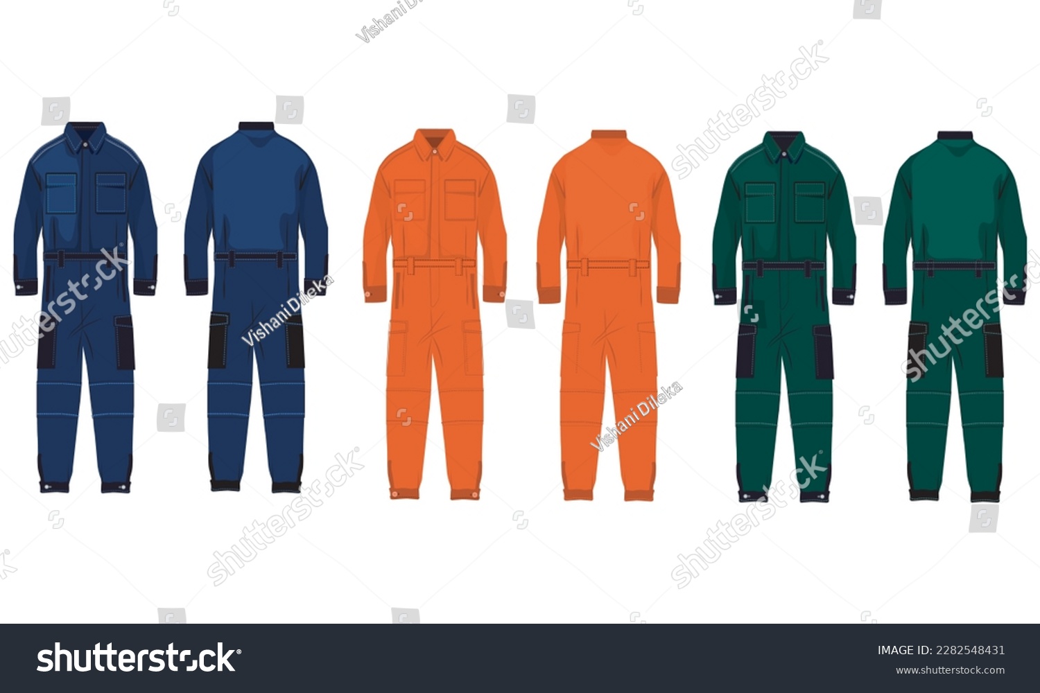 set of Three colors overalls for workers, working uniform, front and back view, vector illustration #2282548431